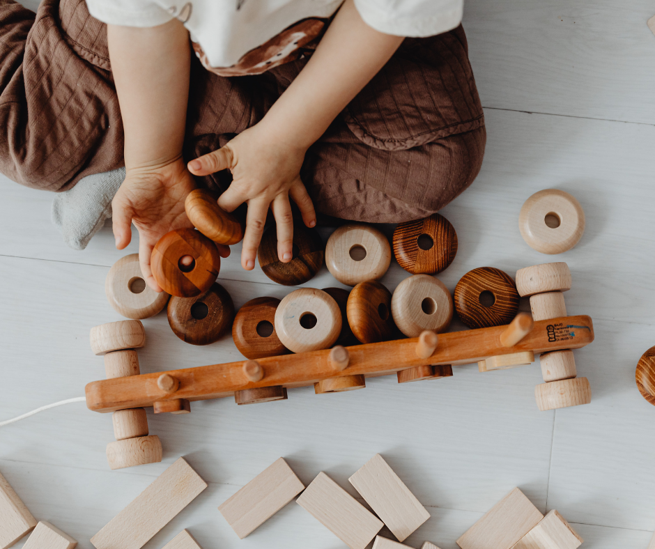 loose parts. A collection of natural wooden loose parts for schema play.