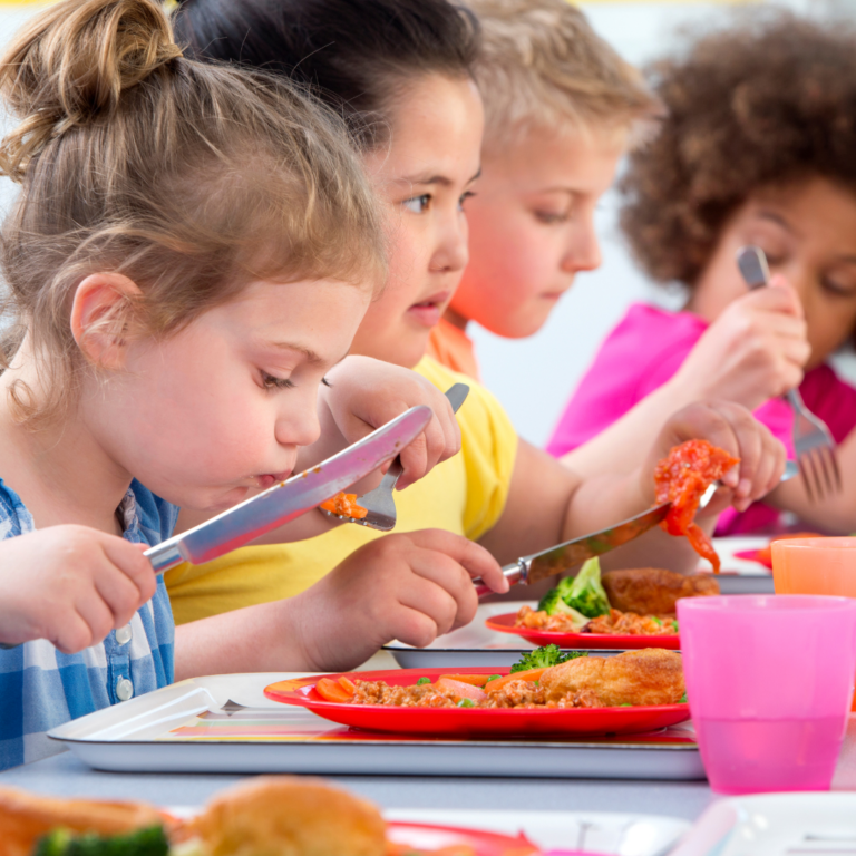 an image of a preschooler eating school dinner