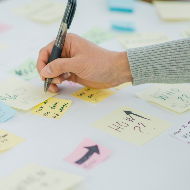 An image of a large piece of paper with notes and sticky notes and a hand writing some new notes to represent planning in the setting.